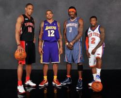 Shannon Brown with Demar DeRozan Gerald Wallace and Nate Robinson the contestants of the 2010 NBA Dunk contest.JPG