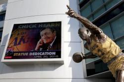Chick Hearn statue dedication next to Magic Johnson's statue.JPG
