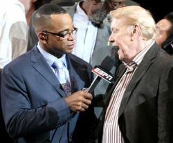 Jerry Buss is interviewed by Stuart Scott after the Lakers win the 2010 NBA Championship.JPG